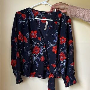 Madewell Floral V-Neck Wrap Top - Red and Blue